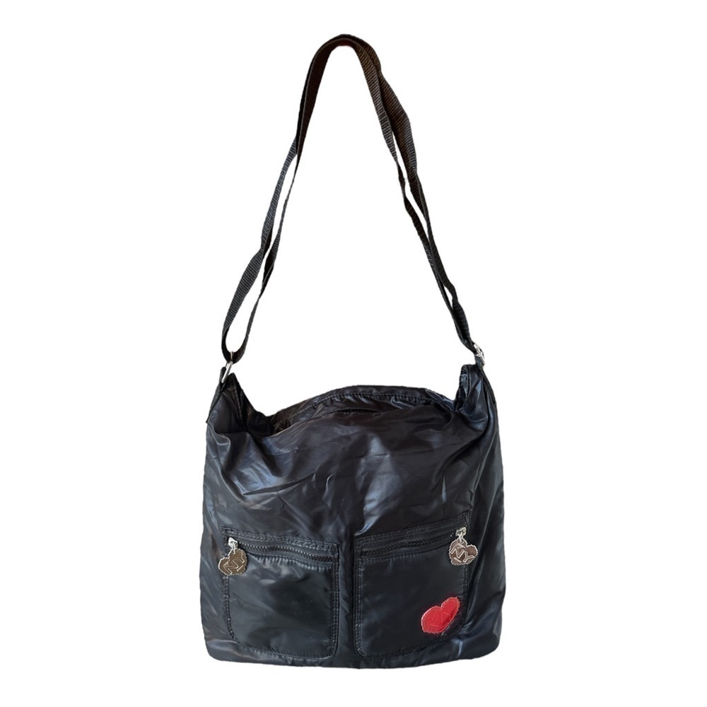 DKNY NY 90s Black Nylon Crossbody Messenger Bag Heart Logo Y2K Large Streetwear